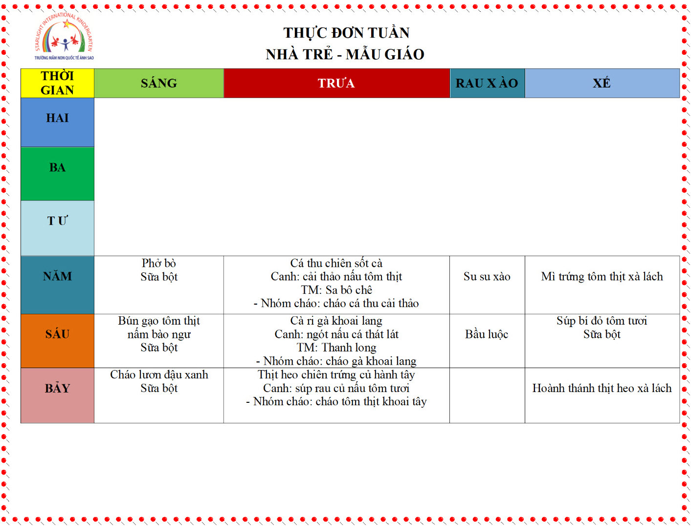 Thực đơn Tuần 1